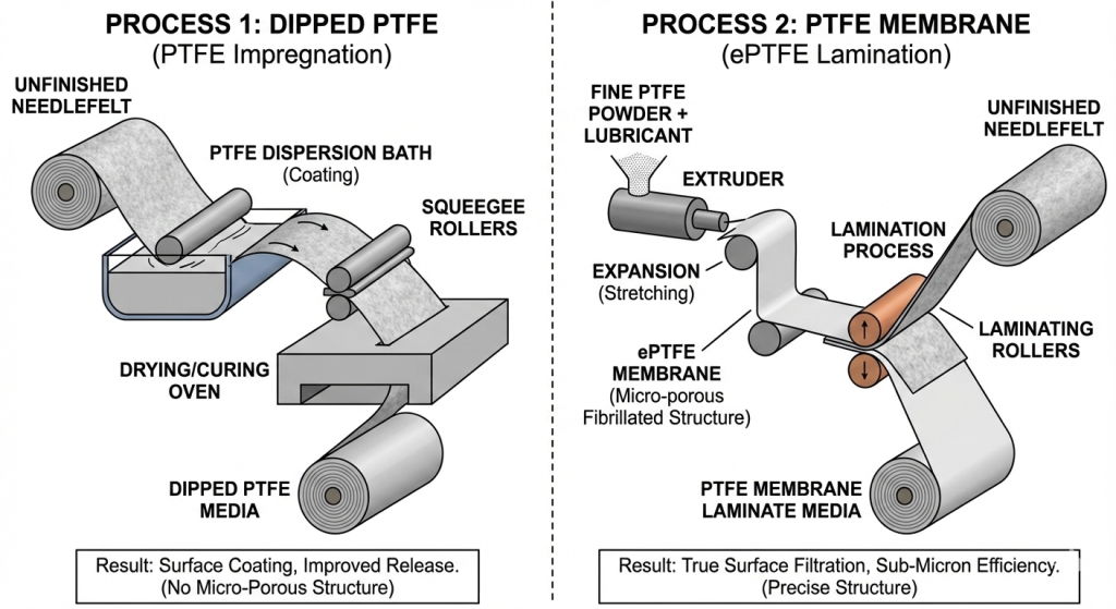 PTFE membrane vs dipped PTFE comparison for industrial dust filter bags