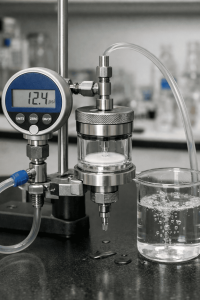 bubble point membrane filter principle showing gas pressure displacing liquid from membrane pores